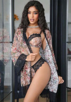 Women Sexy Lace Long Sleeve Robe & Underwear 3 Pieces Loungewear Set Women Sexy Lace Long Sleeve Robe & Underwear 3 Pieces Loungewear Set