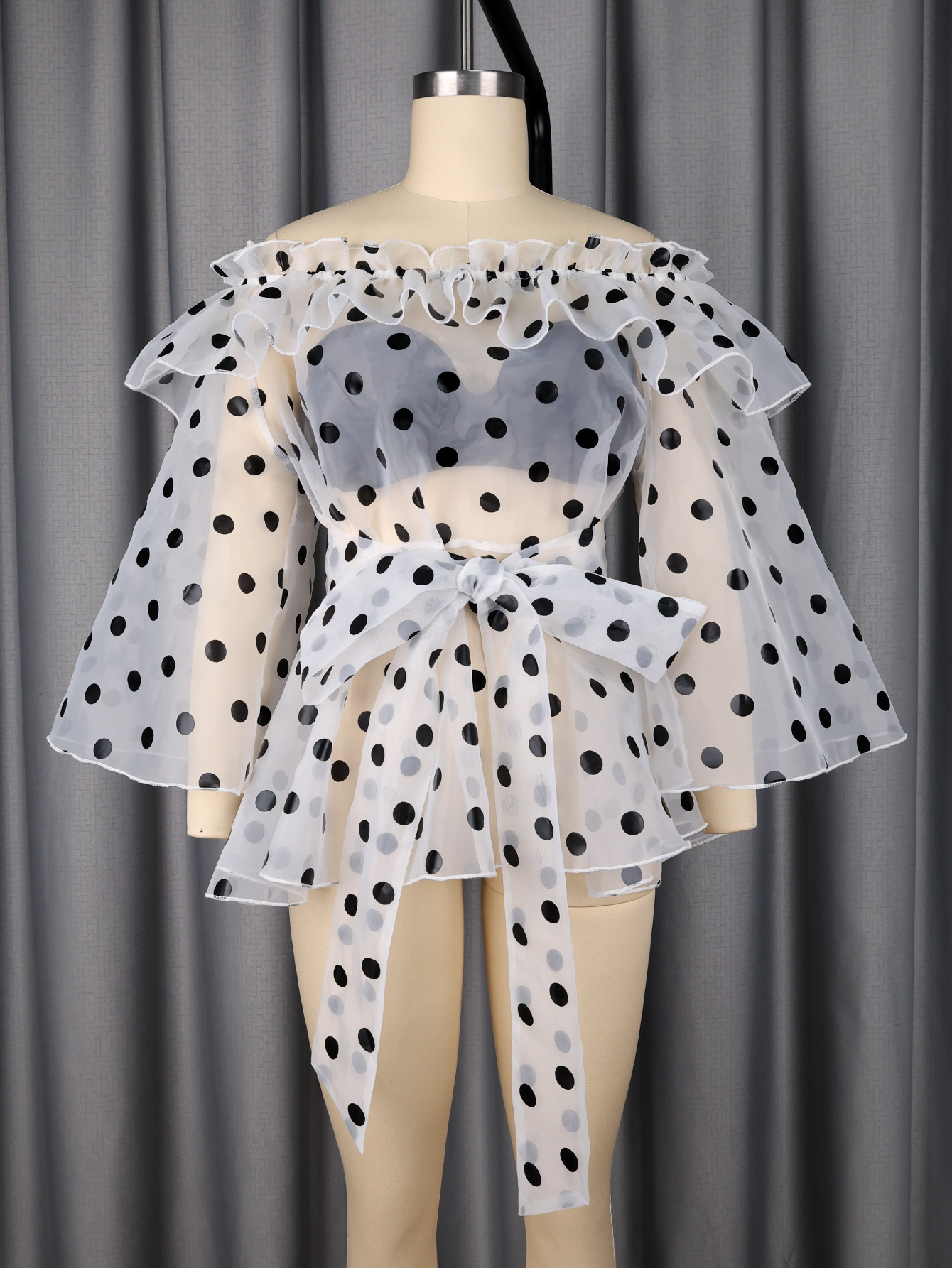Off-Shoulder Tie Polka Dot Mesh See-Through Blouse