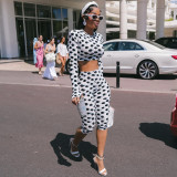 Women Summer Polka Dot Print Long Sleeve Crop Top & Shorts Two Piece Set