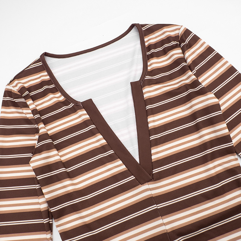 Striped V-Neck Long Sleeve Jumpsuit for Clubwear