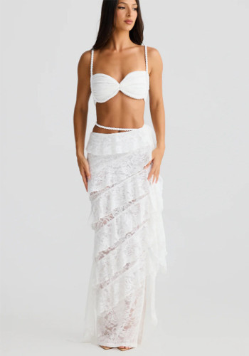 Women Holiday Summer Backless Cami Top & Lace Bodycon Skirt Two Piece Beach Set