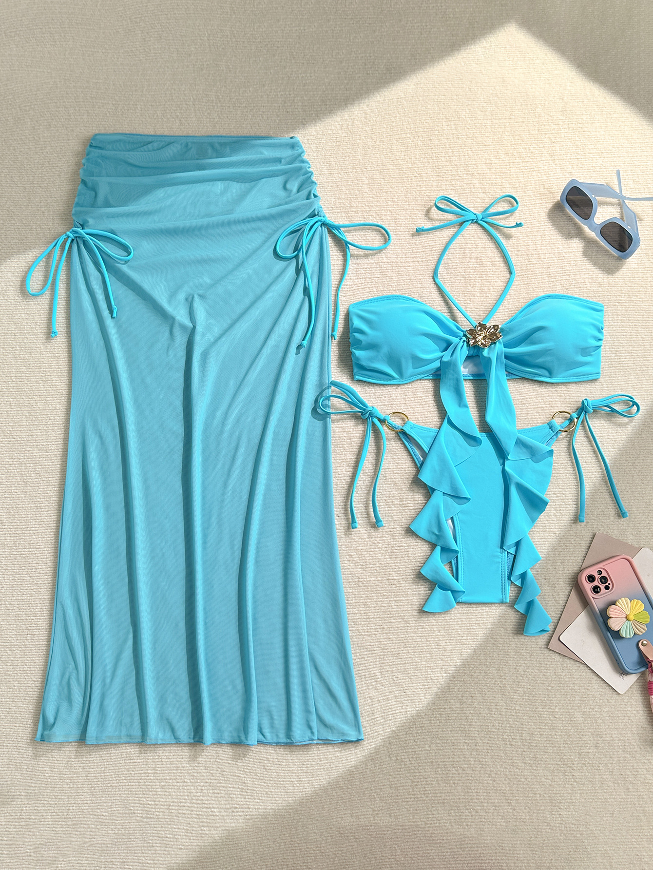 Mesh See-Through Pleated Strapless Three-Piece Bikini Set