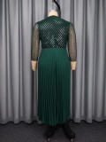 Women Autumn Floral Mesh Long Sleeve Pleated Dress with Beaded Waist Belt