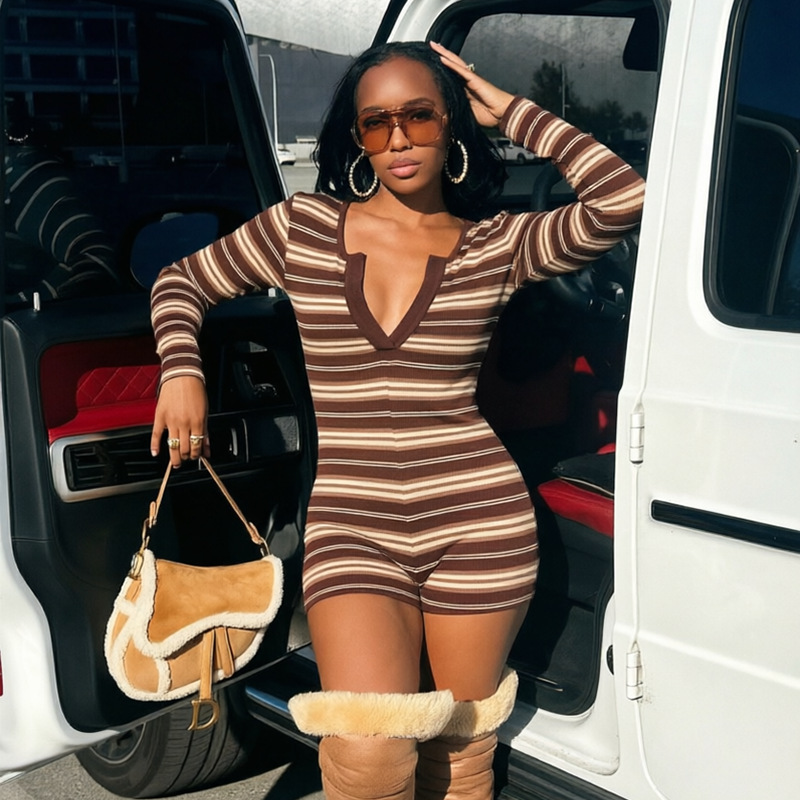 Striped V-Neck Long Sleeve Jumpsuit for Clubwear