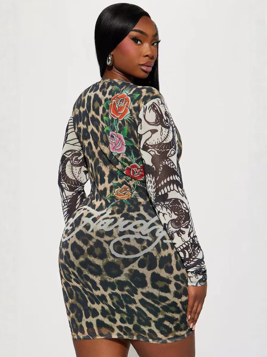 Printed Long Sleeve Bodycon Dress for Evening Wear