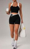 Women Yoga Color Block Cross Tank Top & Shorts Fitness Two Piece Set