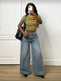 Women Summer American Stripe Letter Print Short Sleeve T-Shirt