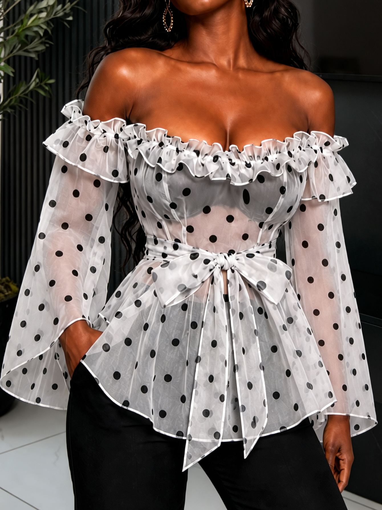 Off-Shoulder Tie Polka Dot Mesh See-Through Blouse