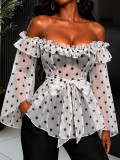 Women Off Shoulder Top Sexy Tie Polka Dot Mesh See Through Blouse