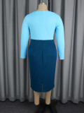 Women Autumn Asymmetrical V Neck Color Block Long Sleeve Bodycon Dress