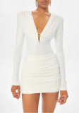 Women Autumn Solid Sexy Ruched Long Sleeve Bodycon Dress with Metal Buttons