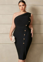 Plus Size Women French Elegant Slash Shoulder Metal Button Split Bandage Dress Plus Size Women French Elegant Slash Shoulder Metal Button Split Bandage Dress