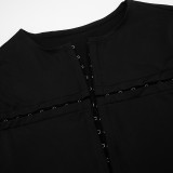 Women Solid Hook Button Long Sleeve Top & Shorts Two Piece Set