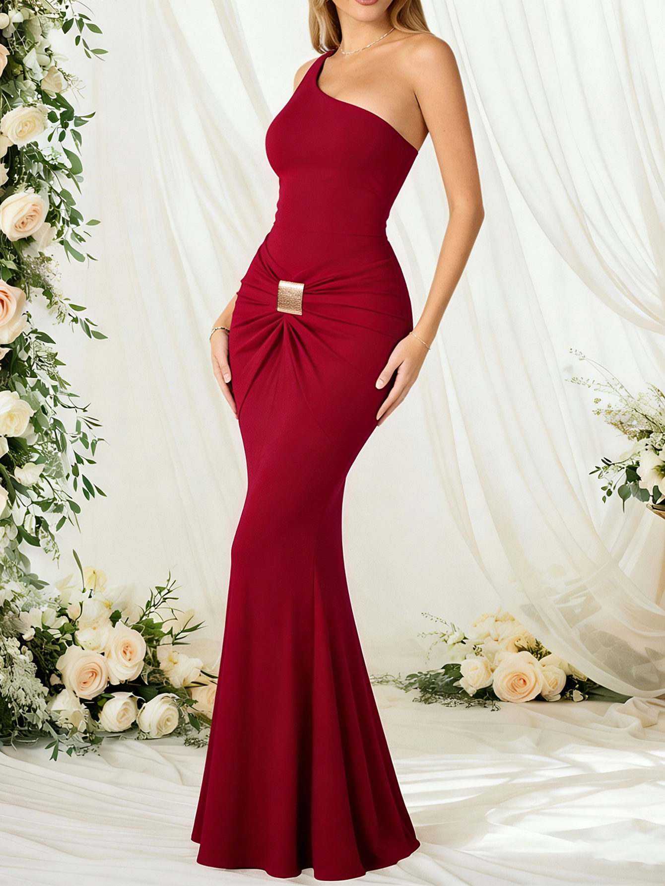 Ruched One-Shoulder Mermaid Evening Dress with Metal Buttons