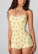 Women Cartoon Printed Ribbed Lace Trim Cami Romper Women Cartoon Printed Ribbed Lace Trim Cami Romper
