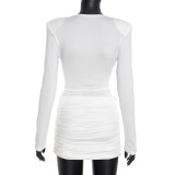 Women Autumn Solid Sexy Ruched Long Sleeve Bodycon Dress with Metal Buttons