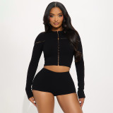 Women Solid Hook Button Long Sleeve Top & Shorts Two Piece Set