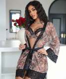 Women Sexy Lace Long Sleeve Robe & Underwear 3 Pieces Loungewear Set