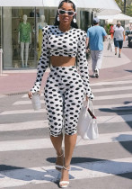 Women Summer Polka Dot Print Long Sleeve Crop Top & Shorts Two Piece Set Women Summer Polka Dot Print Long Sleeve Crop Top & Shorts Two Piece Set