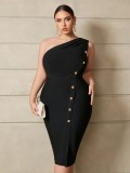 Plus Size Women French Elegant Slash Shoulder Metal Button Split Bandage Dress