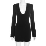 Women Autumn Solid Patchwork U Neck Long Sleeve Blazer Dress