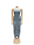 Women Strapless Pleated Casual Bodycon Maxi Dres