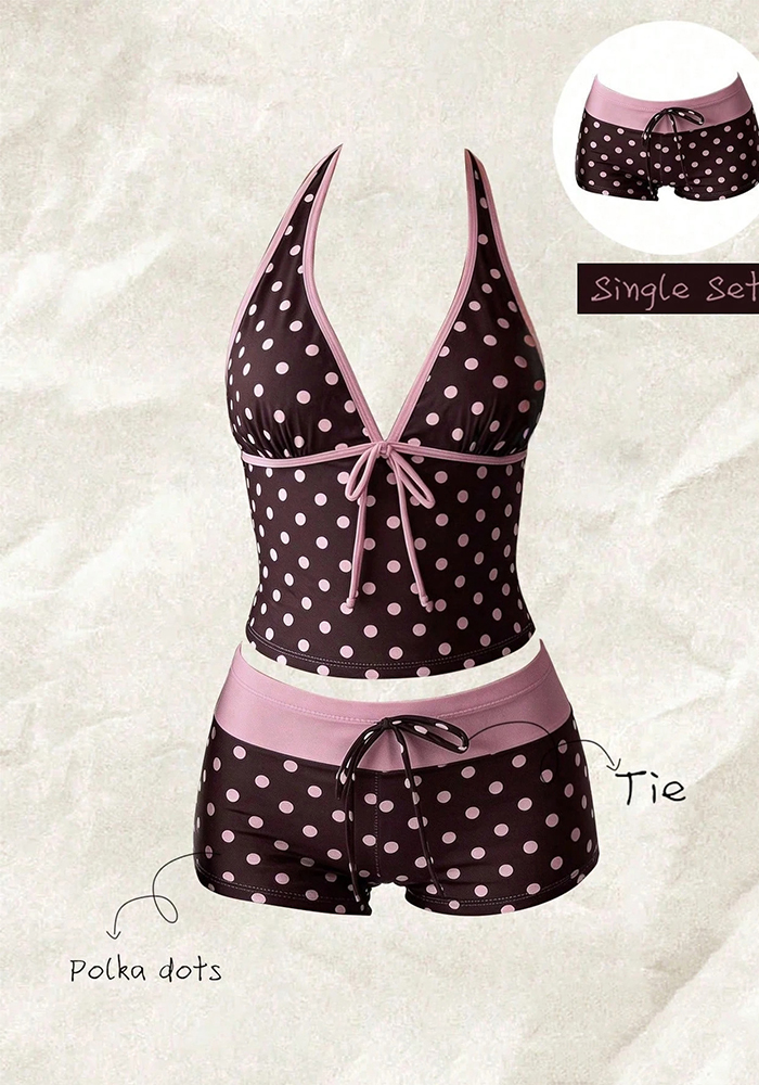 Polka Dot Lace-Up Bikini Swimsuit for Beachwear