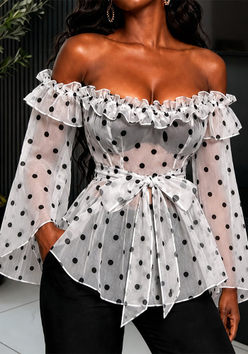 Women Off Shoulder Top Sexy Tie Polka Dot Mesh See Through Blouse