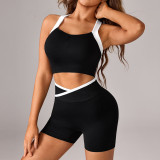 Women Yoga Color Block Cross Tank Top & Shorts Fitness Two Piece Set