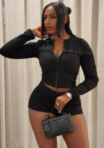 Women Solid Hook Button Long Sleeve Top & Shorts Two Piece Set Women Solid Hook Button Long Sleeve Top & Shorts Two Piece Set