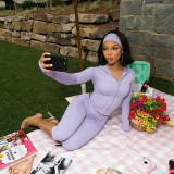 Women Hooded Long Sleeve Top & Zipper Capri Pants & Headband Three Piece Set
