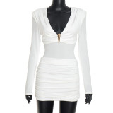 Women Autumn Solid Sexy Ruched Long Sleeve Bodycon Dress with Metal Buttons