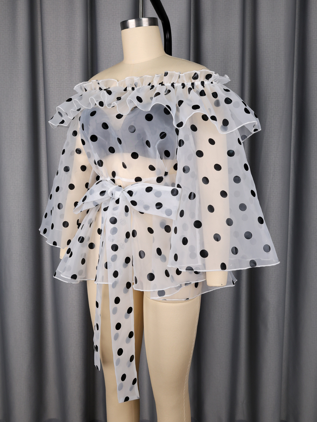 Off-Shoulder Tie Polka Dot Mesh See-Through Blouse