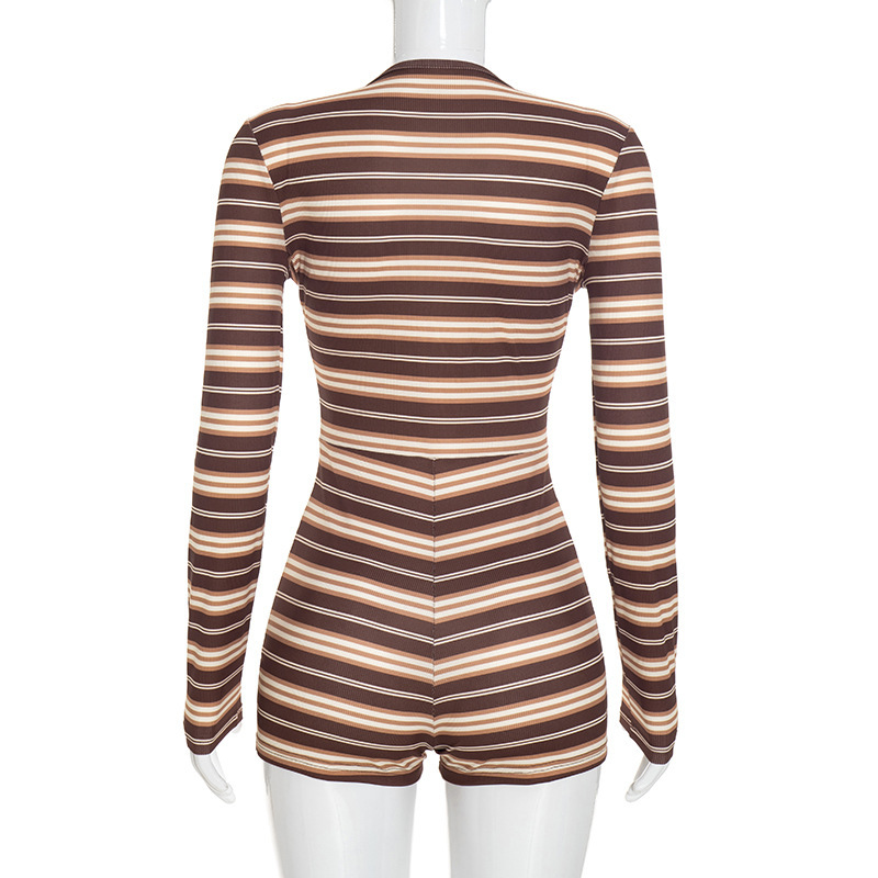 Striped V-Neck Long Sleeve Jumpsuit for Clubwear