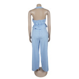 Women Elegant Halter Neck Belted Backless Top and Pant Two-Piece Set