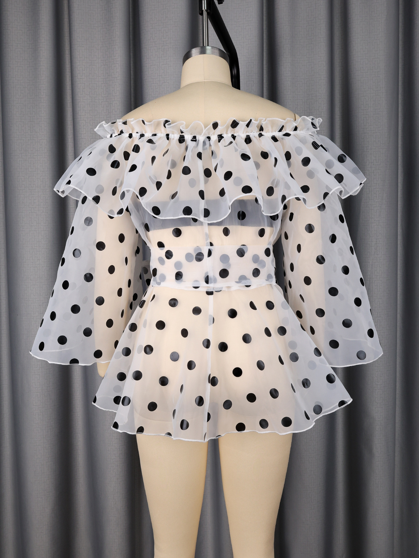 Off-Shoulder Tie Polka Dot Mesh See-Through Blouse