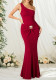 Women Sexy Ruched Single Shoulder Bodycon Mermaid Evening Dress with Metal Buttons