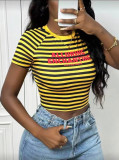 Women Summer American Stripe Letter Print Short Sleeve T-Shirt