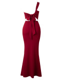 Women Sexy Ruched Single Shoulder Bodycon Mermaid Evening Dress with Metal Buttons