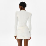 Women Autumn Solid Sexy Ruched Long Sleeve Bodycon Dress with Metal Buttons