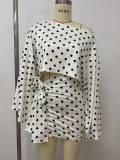 Women Summer Polka Dot Slash Shoulder Irregular Top Lace-Up Ruched Bodycon Dress