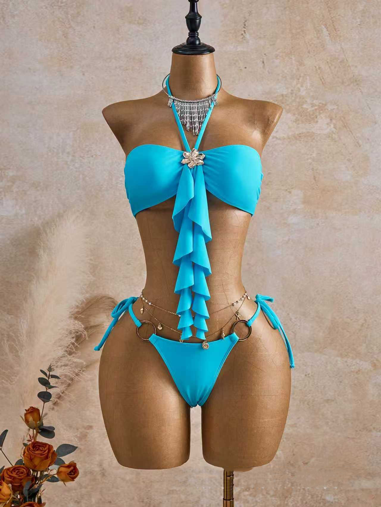 Mesh See-Through Pleated Strapless Three-Piece Bikini Set