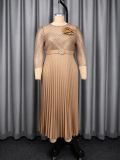 Women Autumn Floral Mesh Long Sleeve Pleated Dress with Beaded Waist Belt