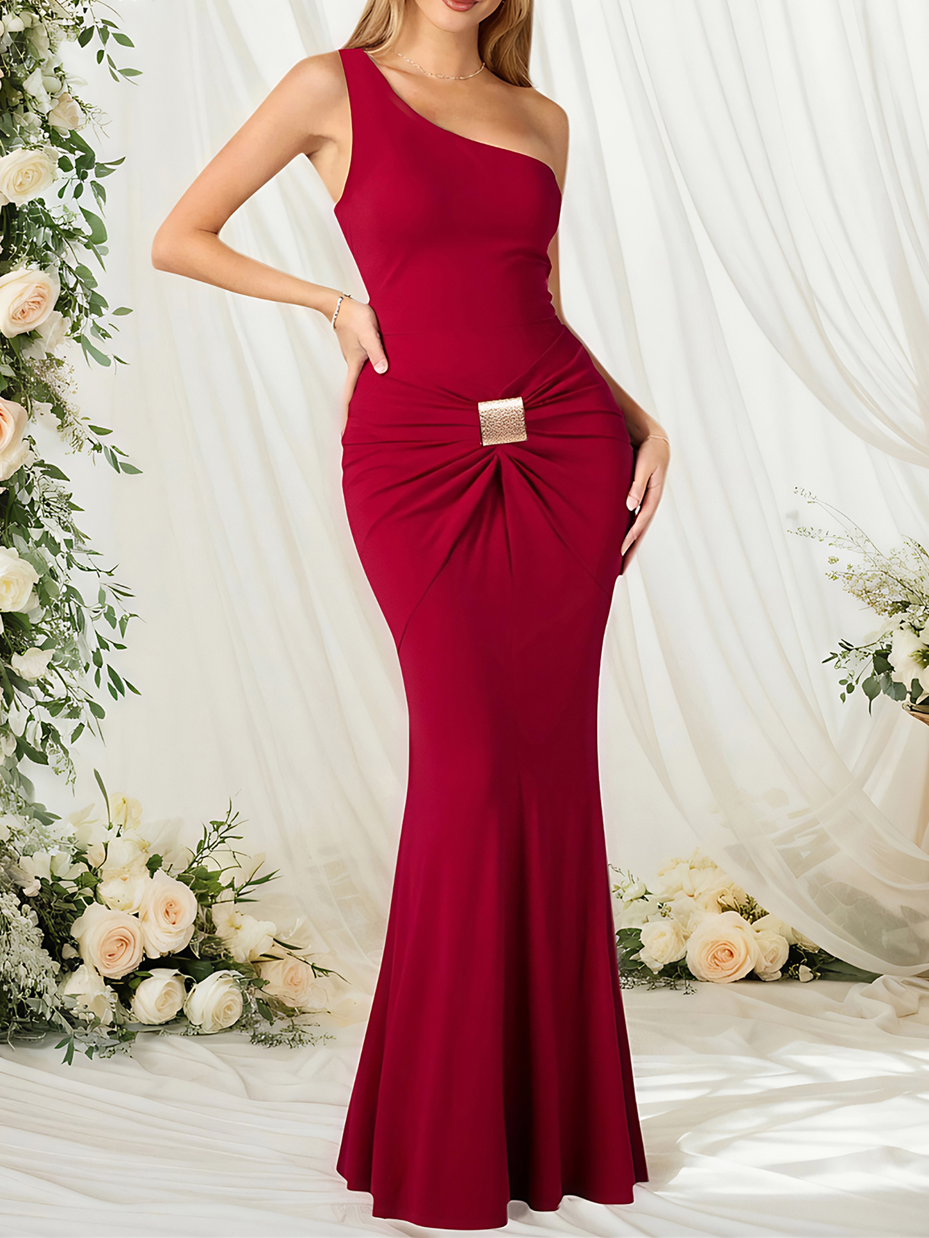 Ruched One-Shoulder Mermaid Evening Dress with Metal Buttons