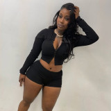 Women Solid Hook Button Long Sleeve Top & Shorts Two Piece Set