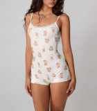 Women Cartoon Printed Ribbed Lace Trim Cami Romper