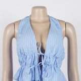 Women Elegant Halter Neck Belted Backless Top and Pant Two-Piece Set