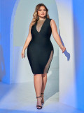 Plus Size Women Spring Black Mesh Patchwork V Neck Side Split Bandage Bodycon Dress