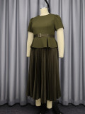 Plus Size Women Olive Green Round Neck Short Sleeve Top & Pleated Skirt Two Piece Set