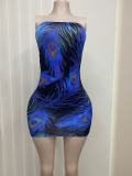 Women Peacock Feather Print Strapless Stretchy Bodycon Dress